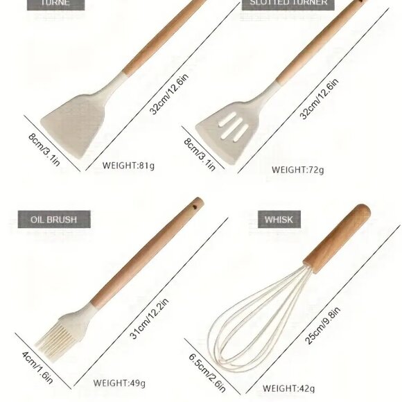 12pcs Non-Stick Silicone Kitchenware Utensil Set with Ergonomic Wooden Handle - Picture 9 of 11